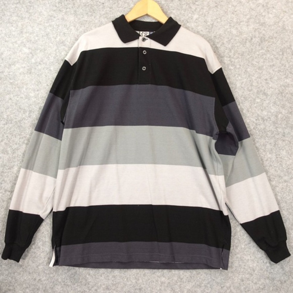 Colorblock Stripe Rugby Polo Shirt Mens L Black Gray‎ Oversized TRUST Monobaik